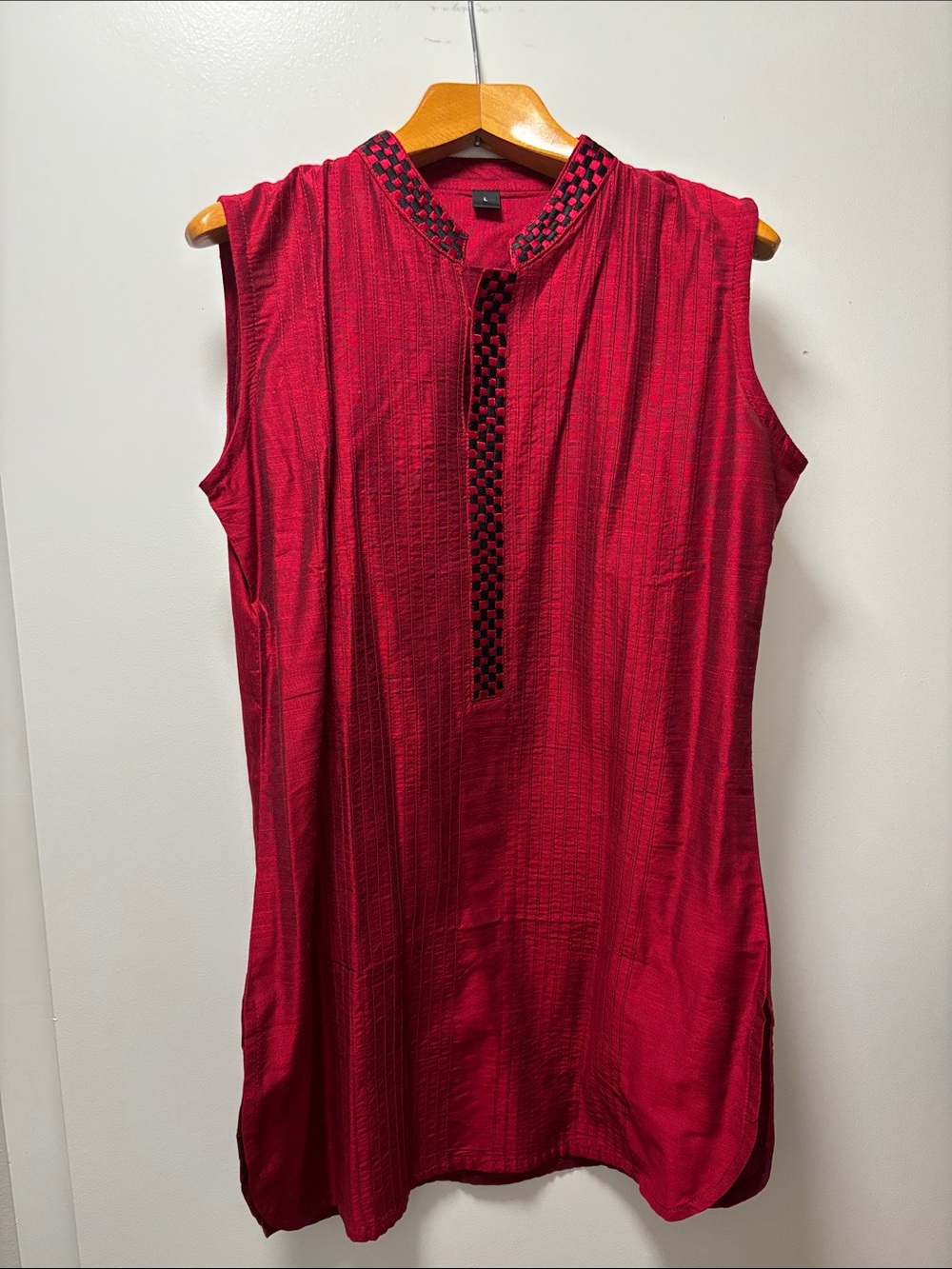 Sleeveless Silk Red Tunic Dress with Contrast Trim